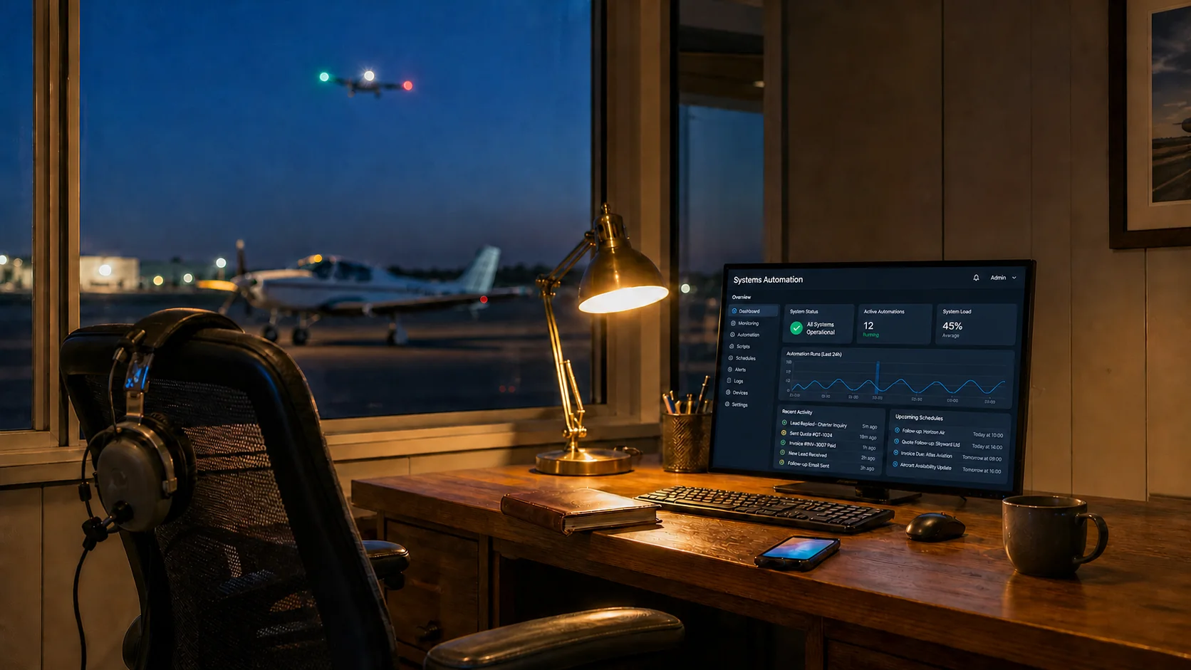 Empty aviation office at night with an automation dashboard running while a plane lands outside