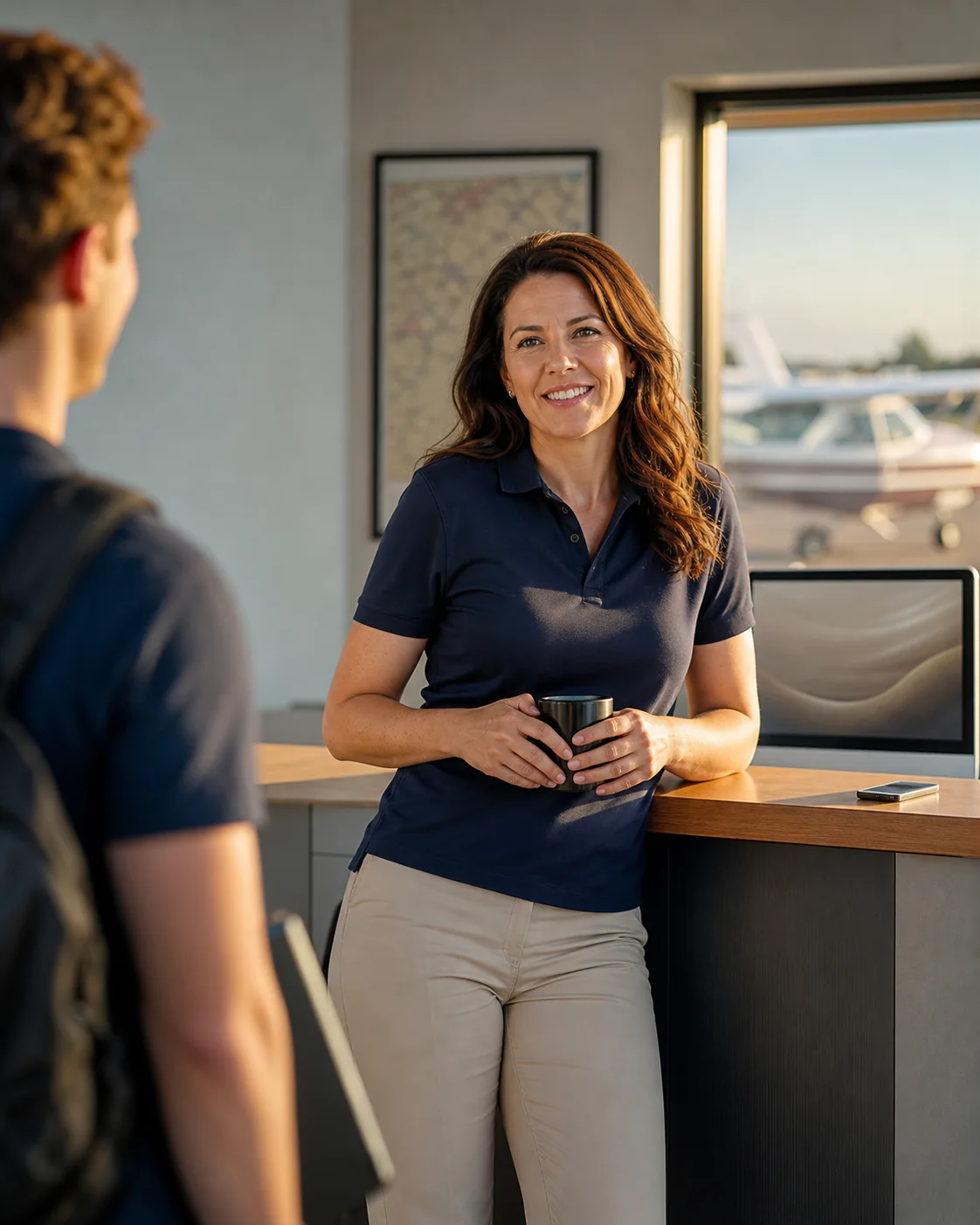 Relaxed flight school front desk coordinator greeting a student pilot, with training aircraft outside