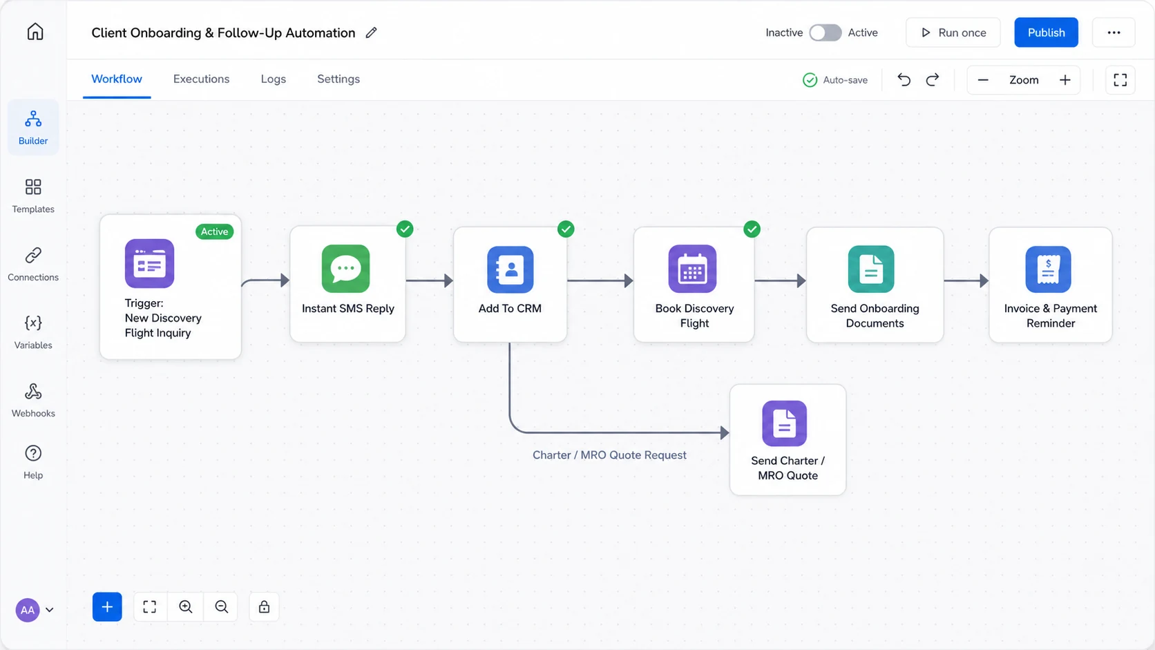 Aviation business automation workflow: discovery flight inquiry, instant SMS reply, CRM, booking, onboarding documents, invoicing, and charter or MRO quotes