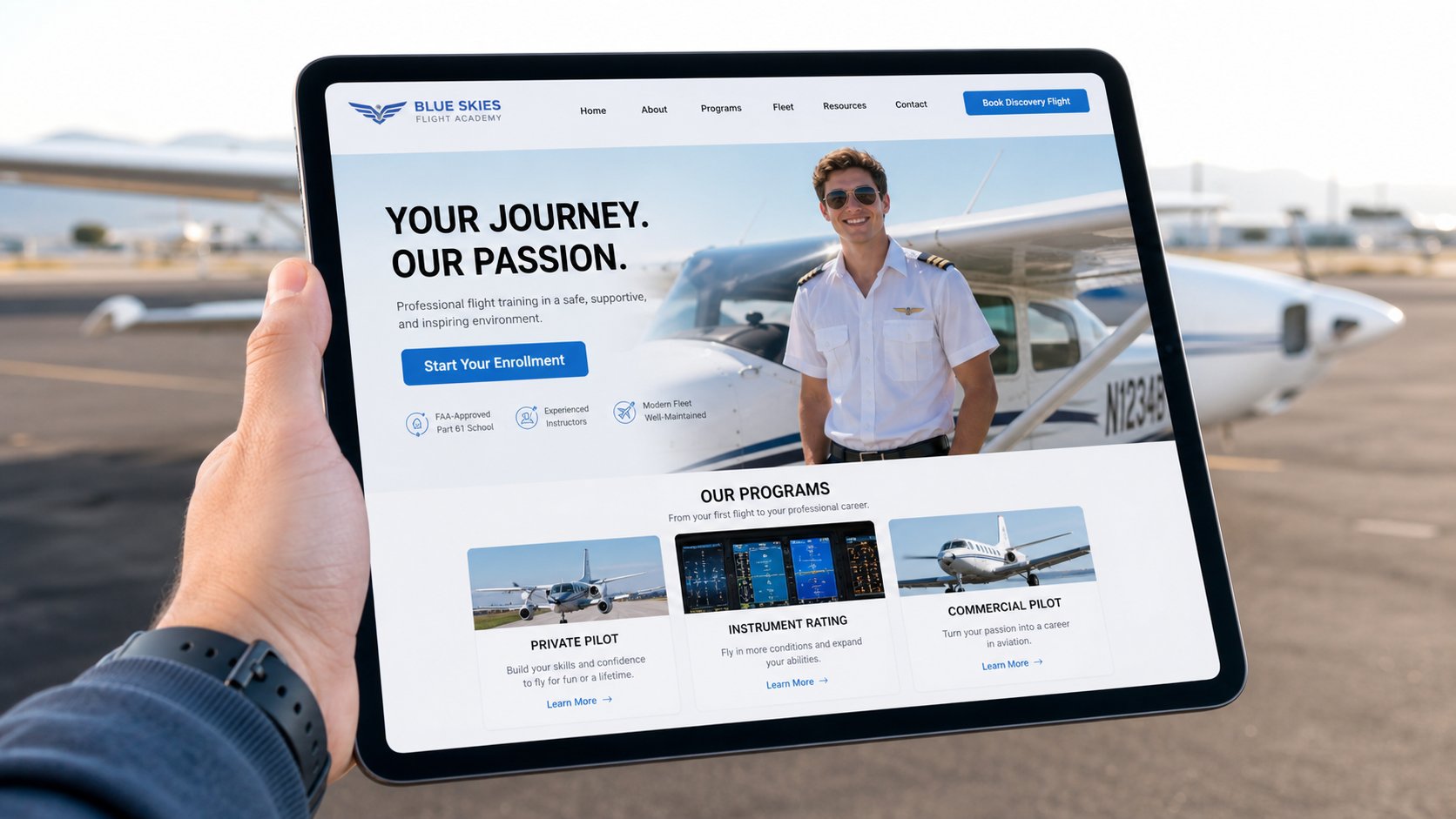 Custom website design for a flight training academy