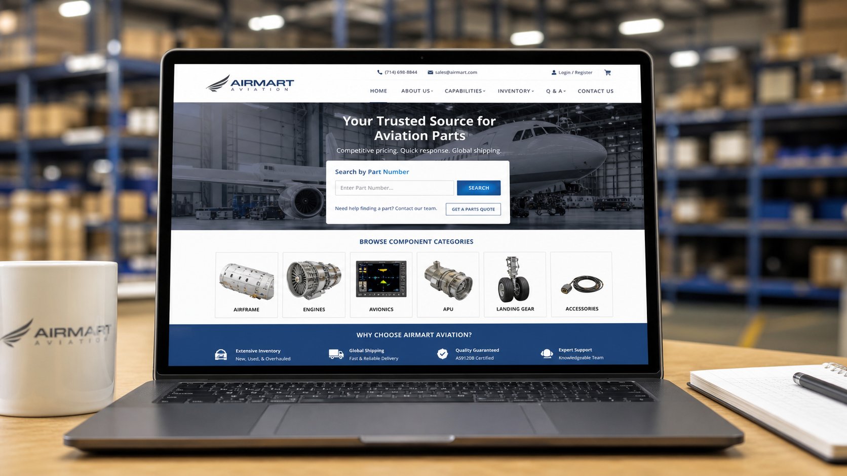 Custom website design for an aviation parts supplier