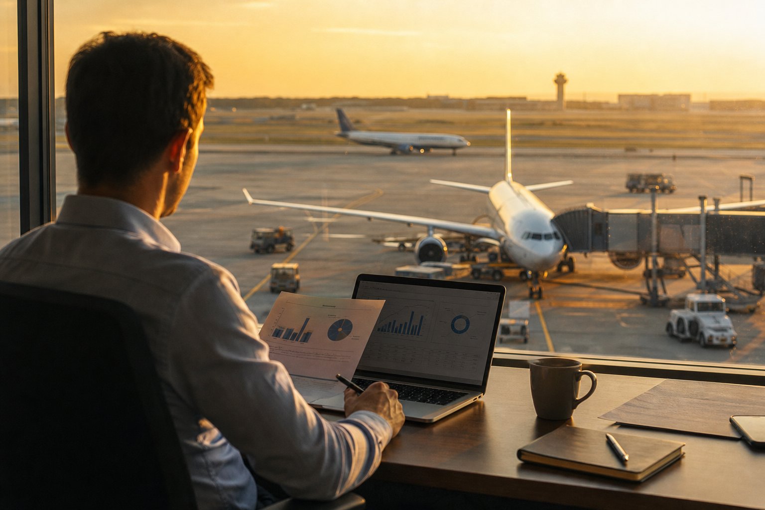 Aviation marketing analyst reviewing campaign data at an airport gate at sunset