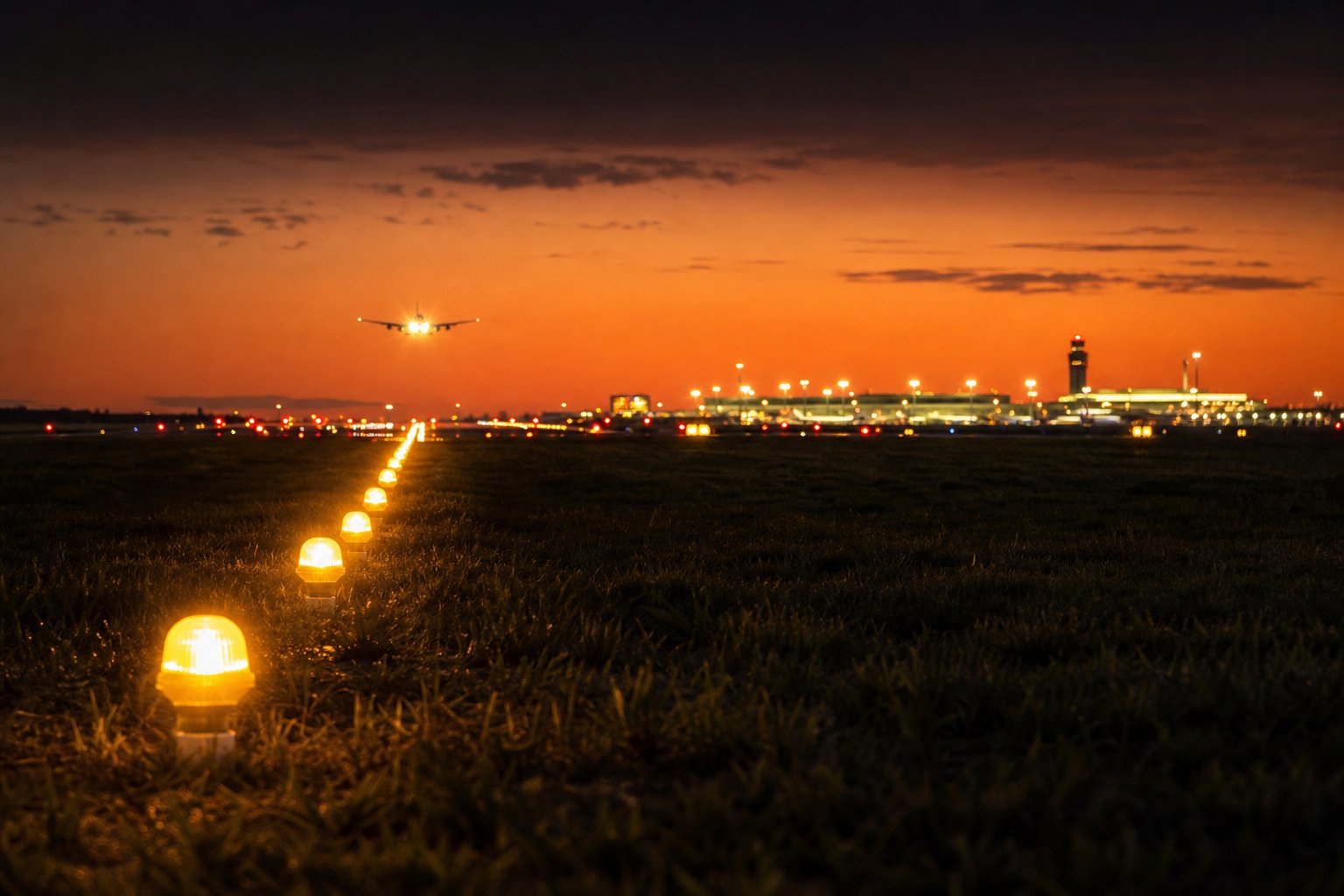 Aircraft taking off at golden hour along a runway