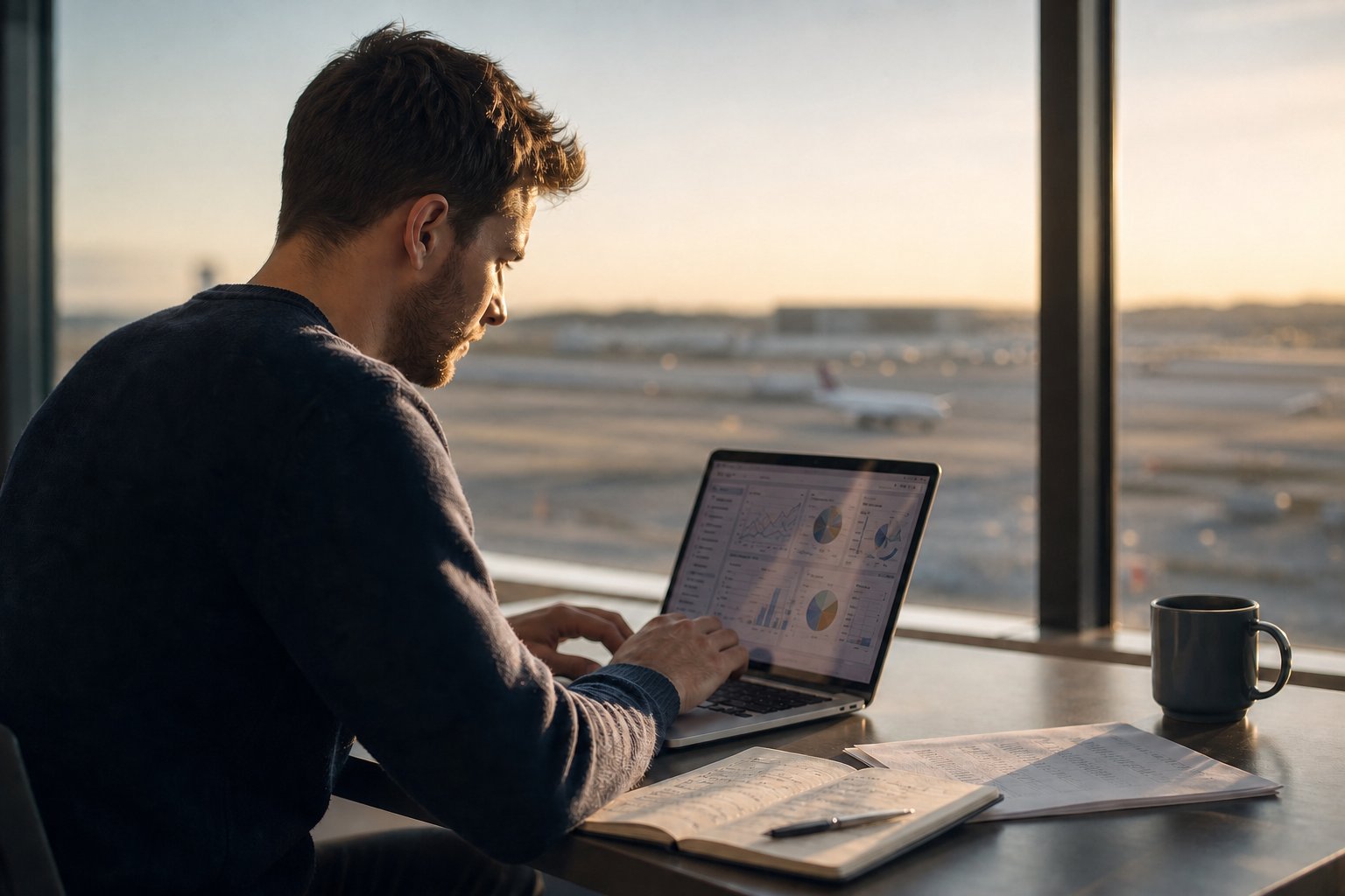 Content strategist reviewing analytics with an airfield visible through the window behind them