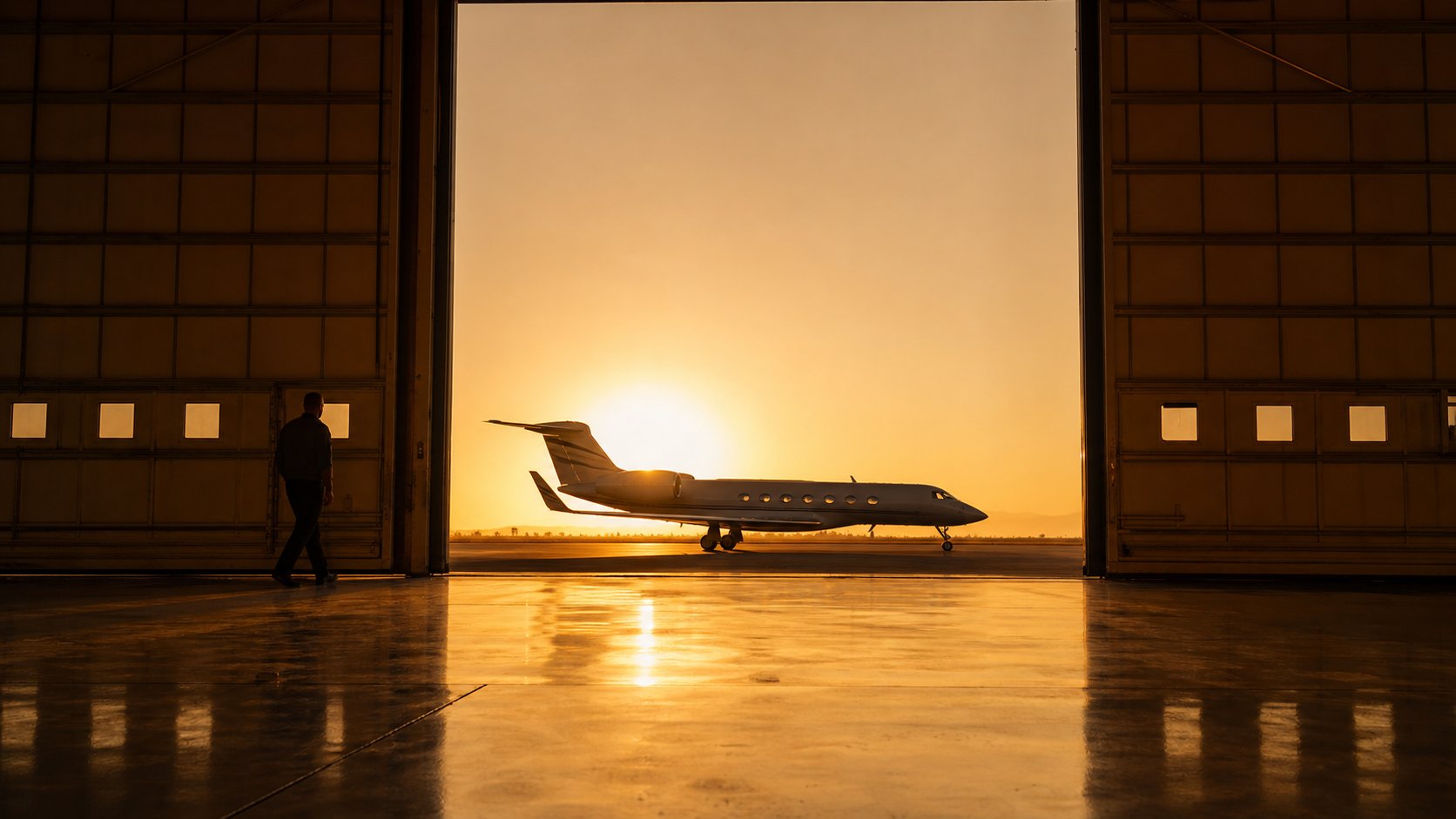Hangar doors open at golden hour with a private jet on the ramp