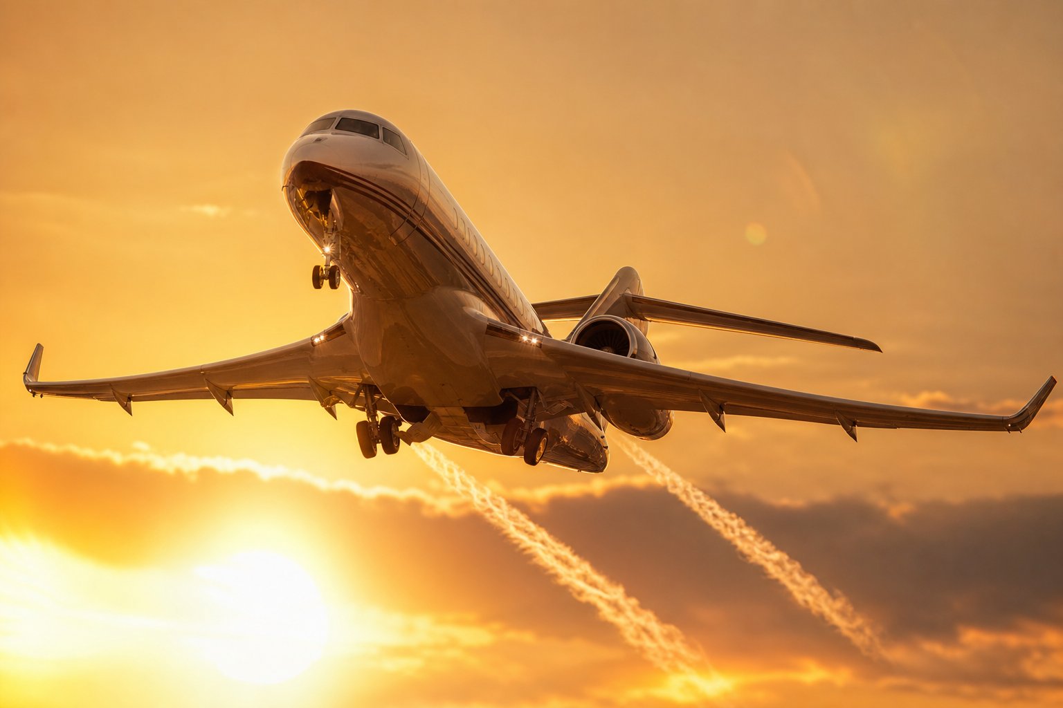 Private jet climbing into a golden-hour sky