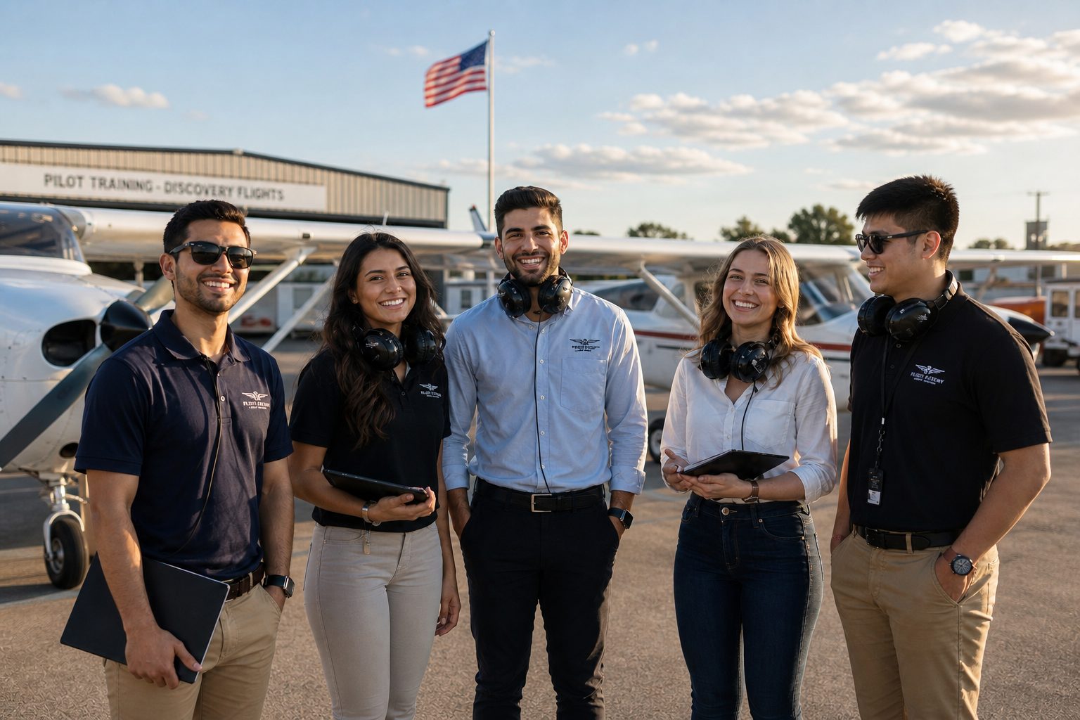 Diverse group of international students training together at a US flight school