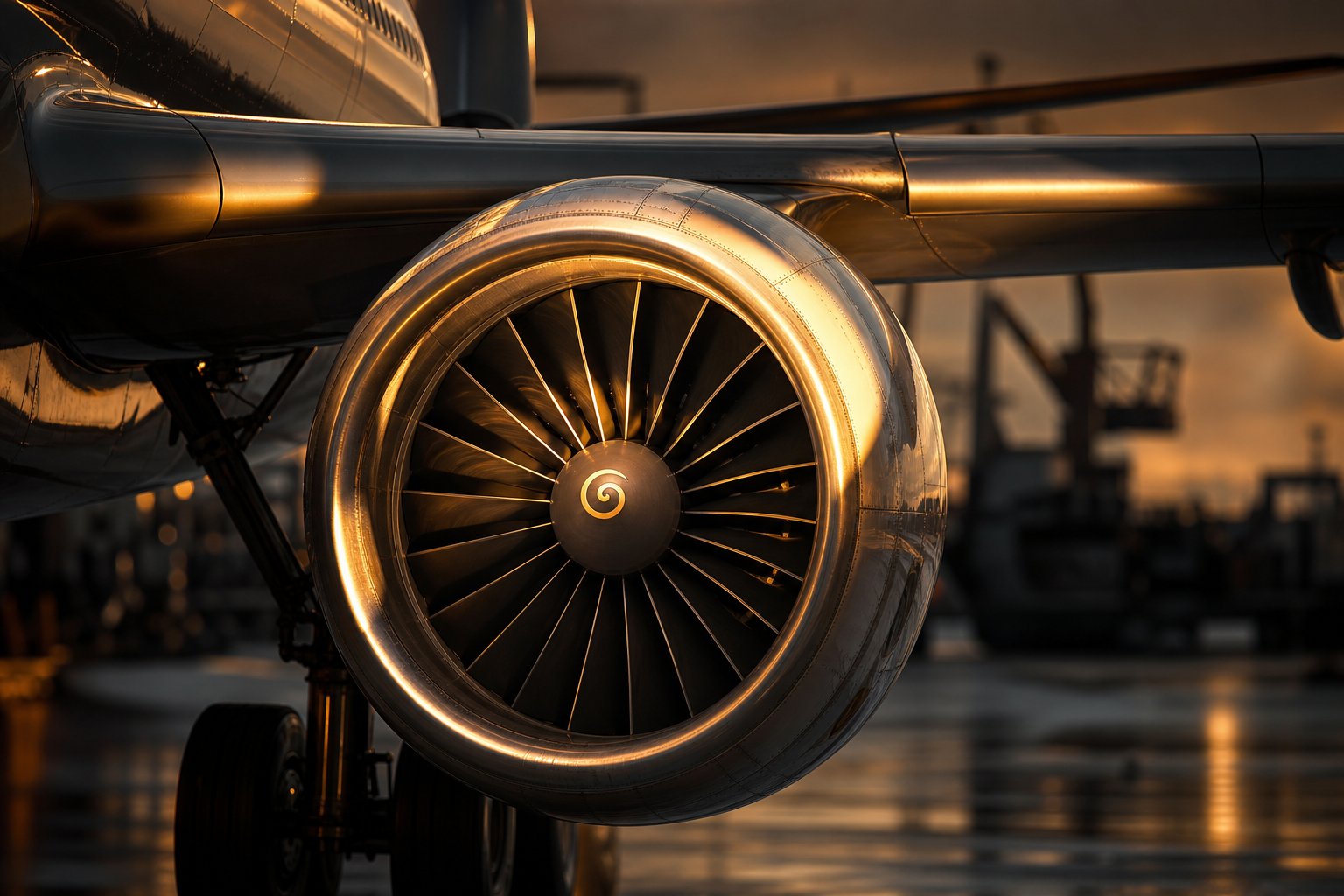 Close-up of a jet engine turbine at golden hour