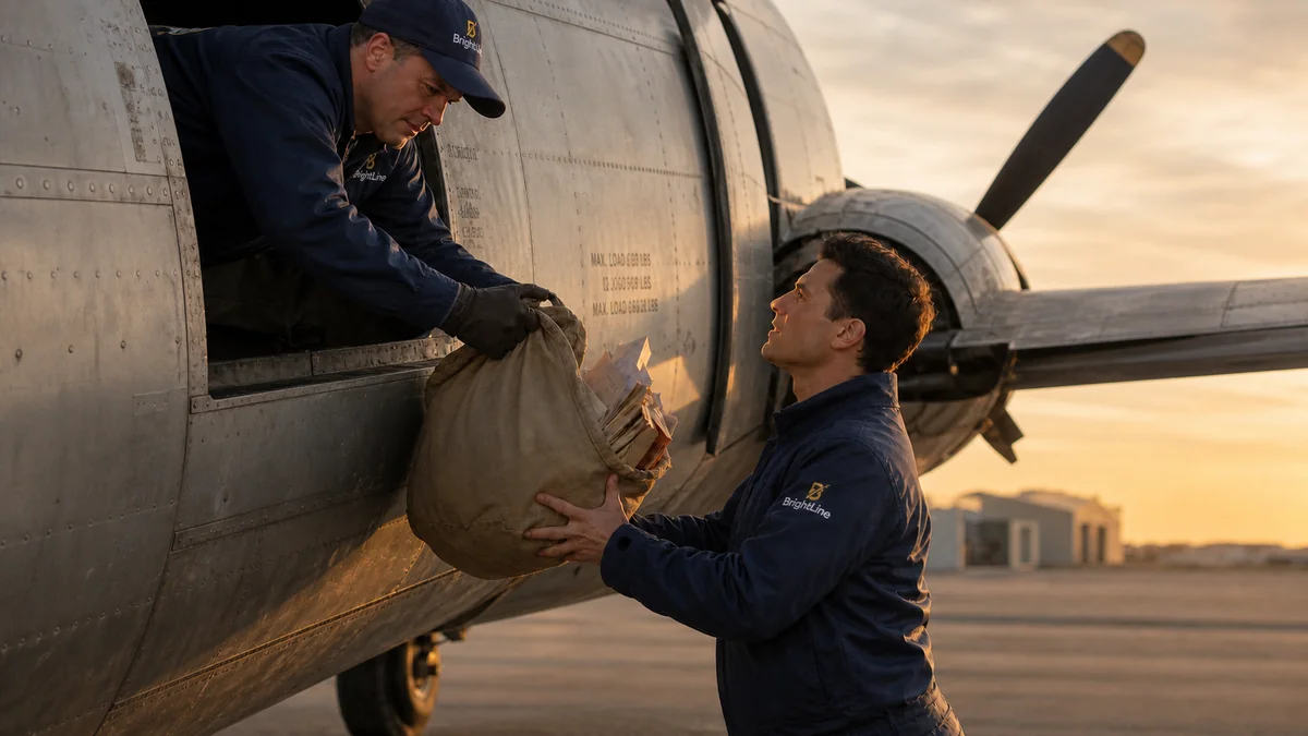 BrightLine team members handing off a mailbag between a vintage aircraft at sunset, representing getting in touch with BrightLine Digital