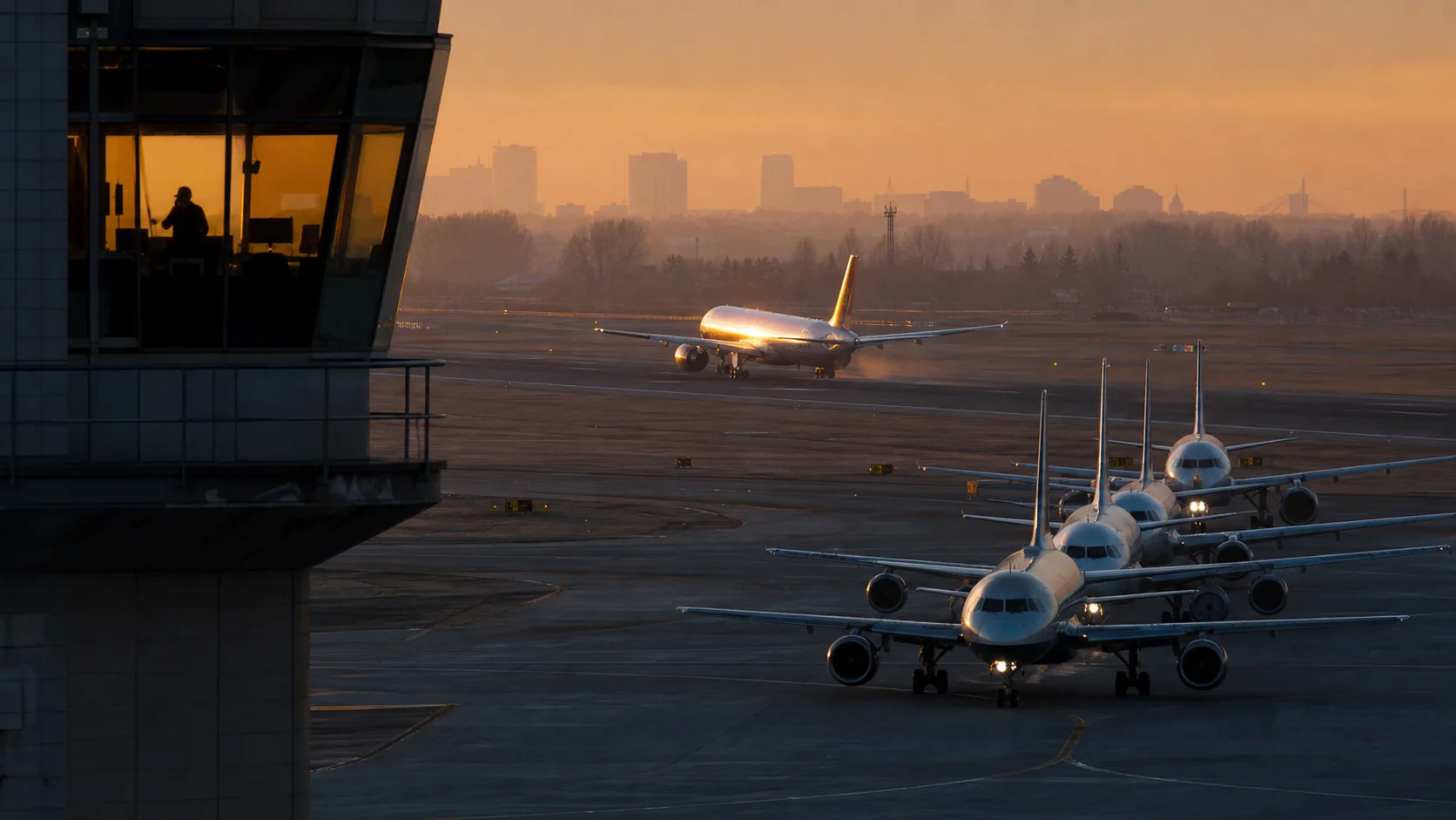 Air traffic control tower directing a line of aircraft, like an aviation PPC campaign directing the right traffic