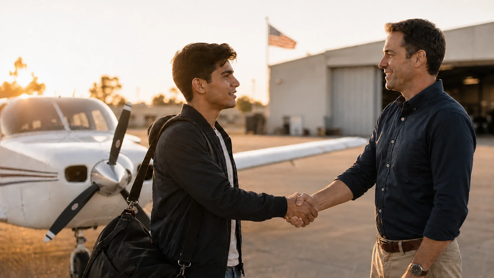 International student welcomed by a flight instructor on arrival at a U.S. flight school