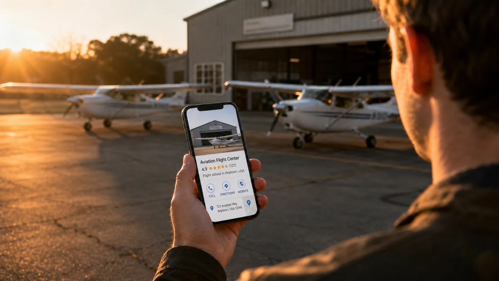 Student pilot checking a 4.9-star flight school Google Business Profile listing at the airfield