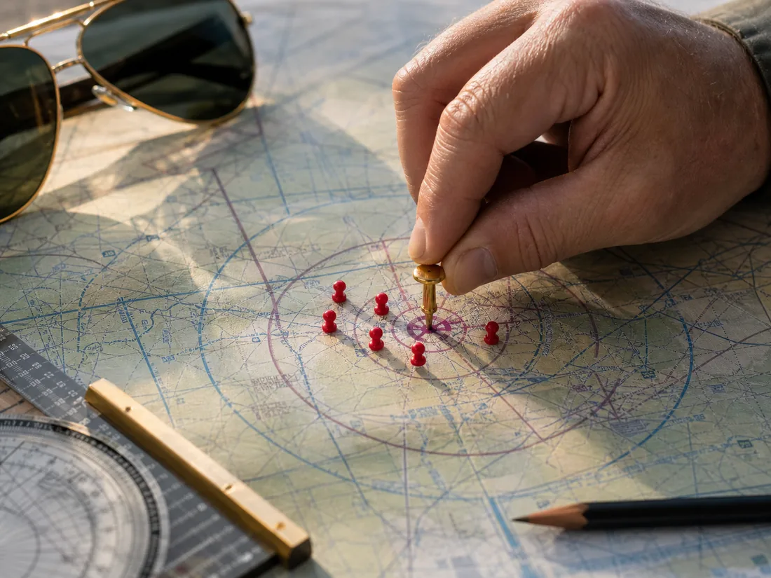 Pilot pressing a gold pin into an airport on a VFR sectional chart surrounded by red competitor pins, a metaphor for winning aviation local search