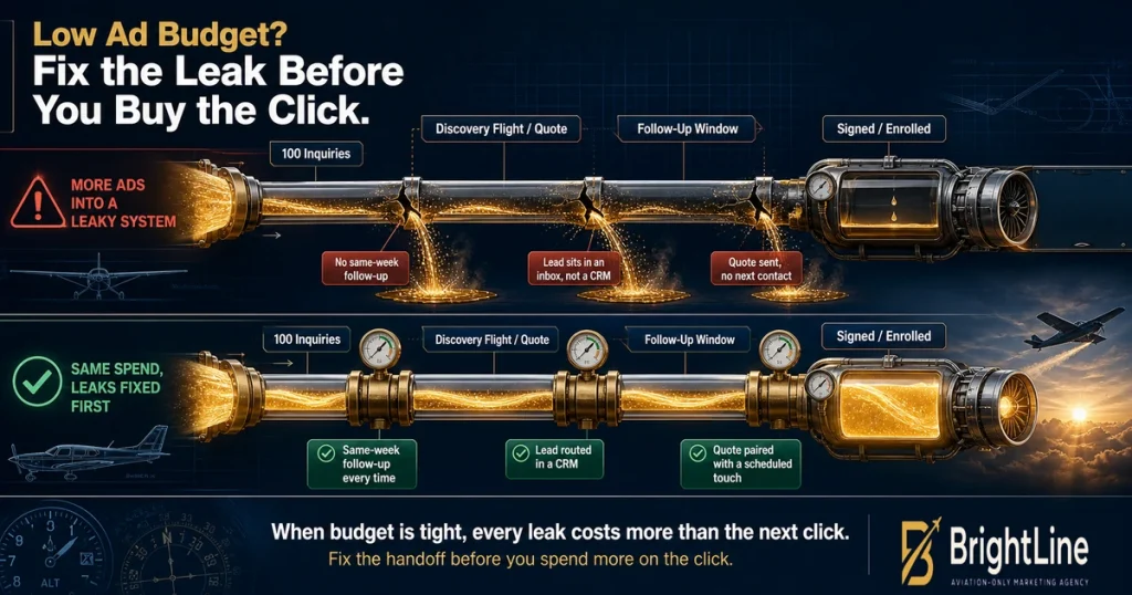 Comparison of a leaky aviation lead funnel versus a repaired one that converts more
  inquiries.