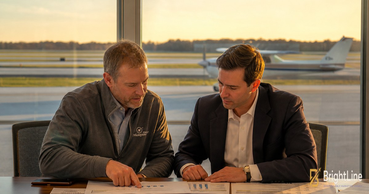 Two aviation business leaders comparing cost charts at a desk overlooking the runway