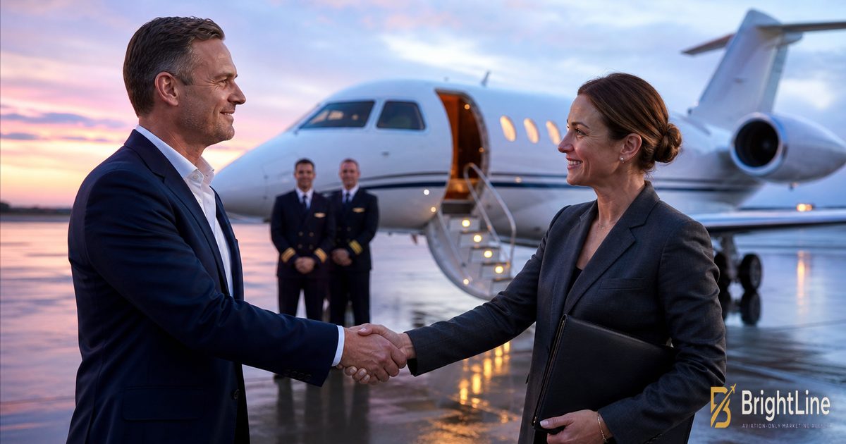 Charter operator shaking hands with a corporate flight department client beside a private jet at sunset