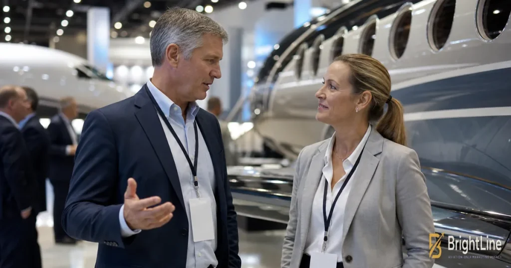 Charter operator and corporate flight manager talking at a business aviation trade show
