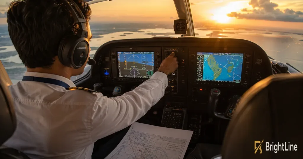 Saudi student pilot flying a glass-cockpit training aircraft over the coast at sunset