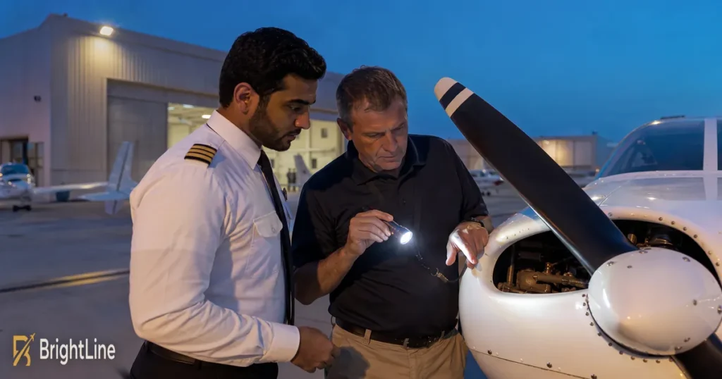 Saudi student pilot and flight instructor inspecting a training aircraft engine during a night preflight check