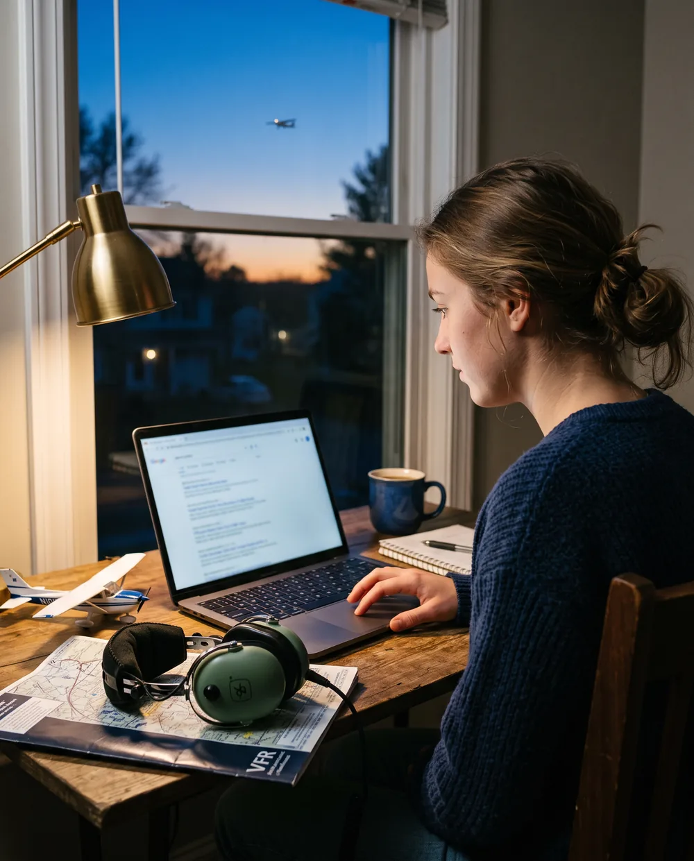 Aspiring pilot researching flight schools online at home in the evening