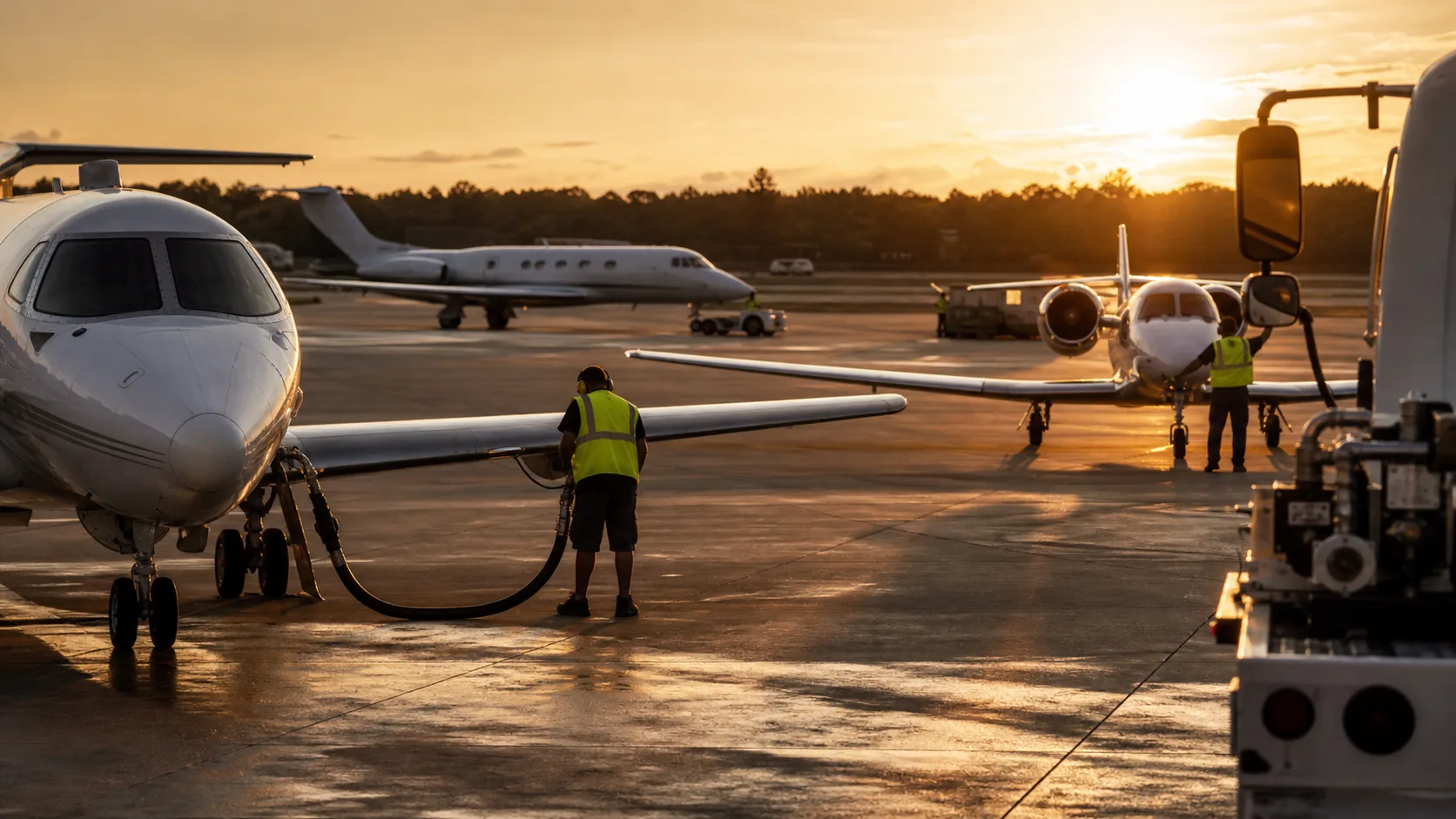 FBO ramp at sunset with line crew refueling and marshalling business jets